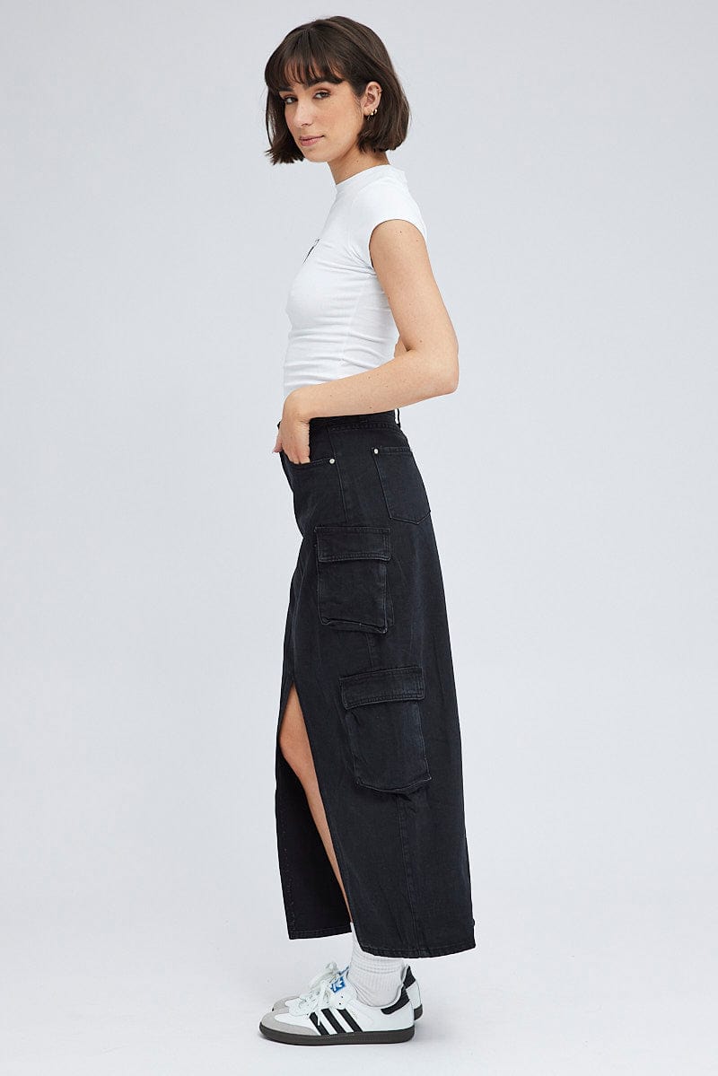 Black Cargo Skirt Mid Rise Maxi Utility Pocket Details