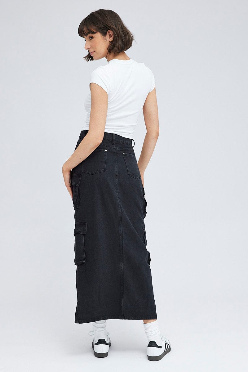 Black Cargo Skirt Mid Rise Maxi Utility Pocket Details