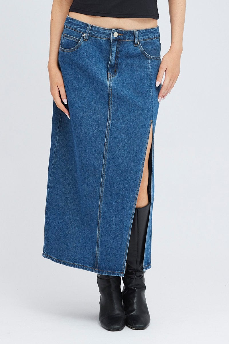 Denim Maxi Skirt Mid Rise Denim Pencil Slit