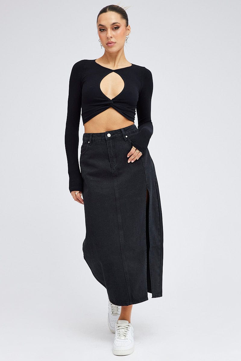 Black Maxi Skirt Mid Rise Denim Pencil Slit