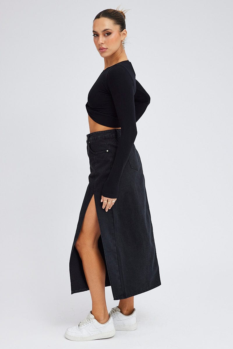 Black Maxi Skirt Mid Rise Denim Pencil Slit