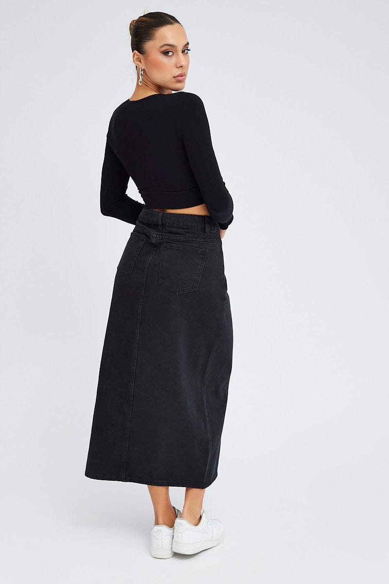 Black Maxi Skirt Mid Rise Denim Pencil Slit