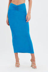 Blue Ruched Midi Skirt