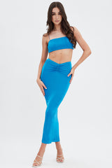 Blue Ruched Midi Skirt