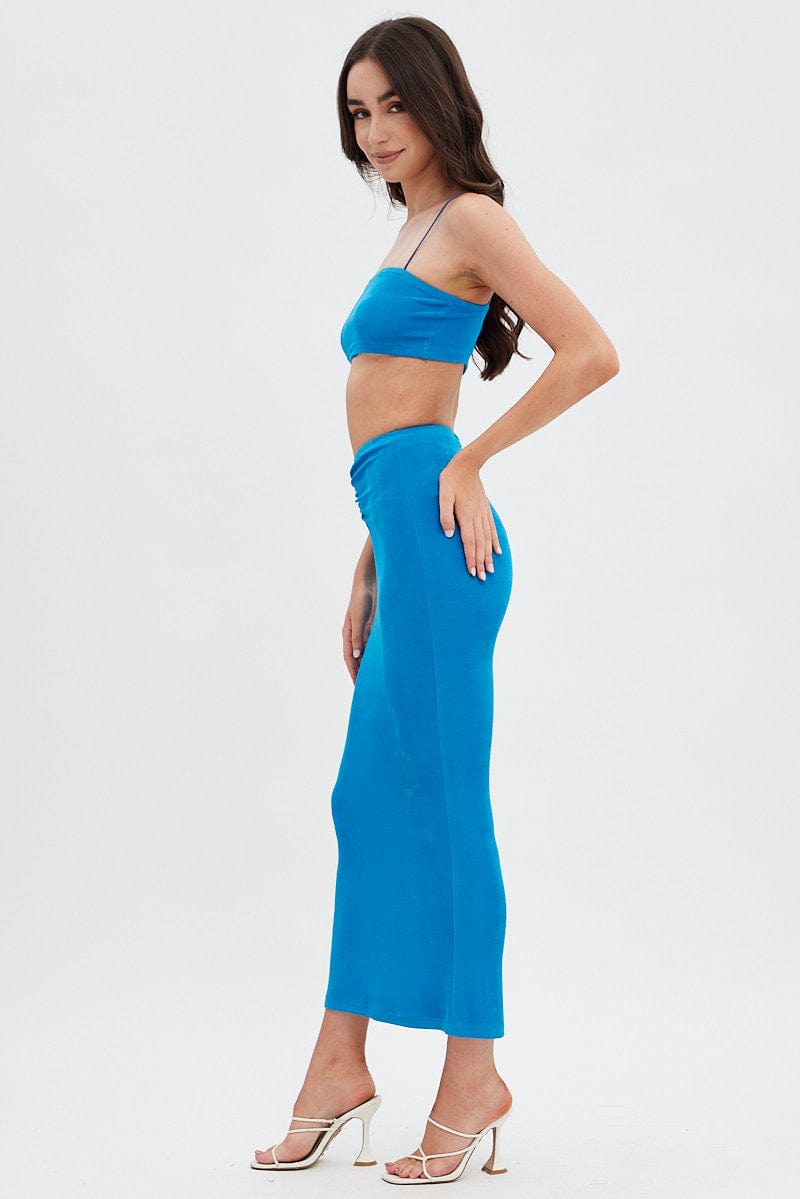 Blue Ruched Midi Skirt