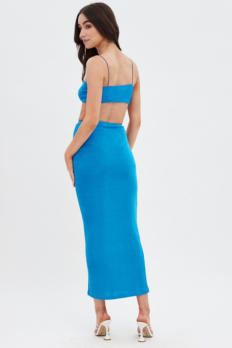 Blue Ruched Midi Skirt