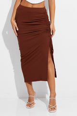 Brown Maxi Skirt Front Slit Ribbed