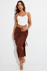 Brown Maxi Skirt Front Slit Ribbed