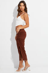 Brown Maxi Skirt Front Slit Ribbed