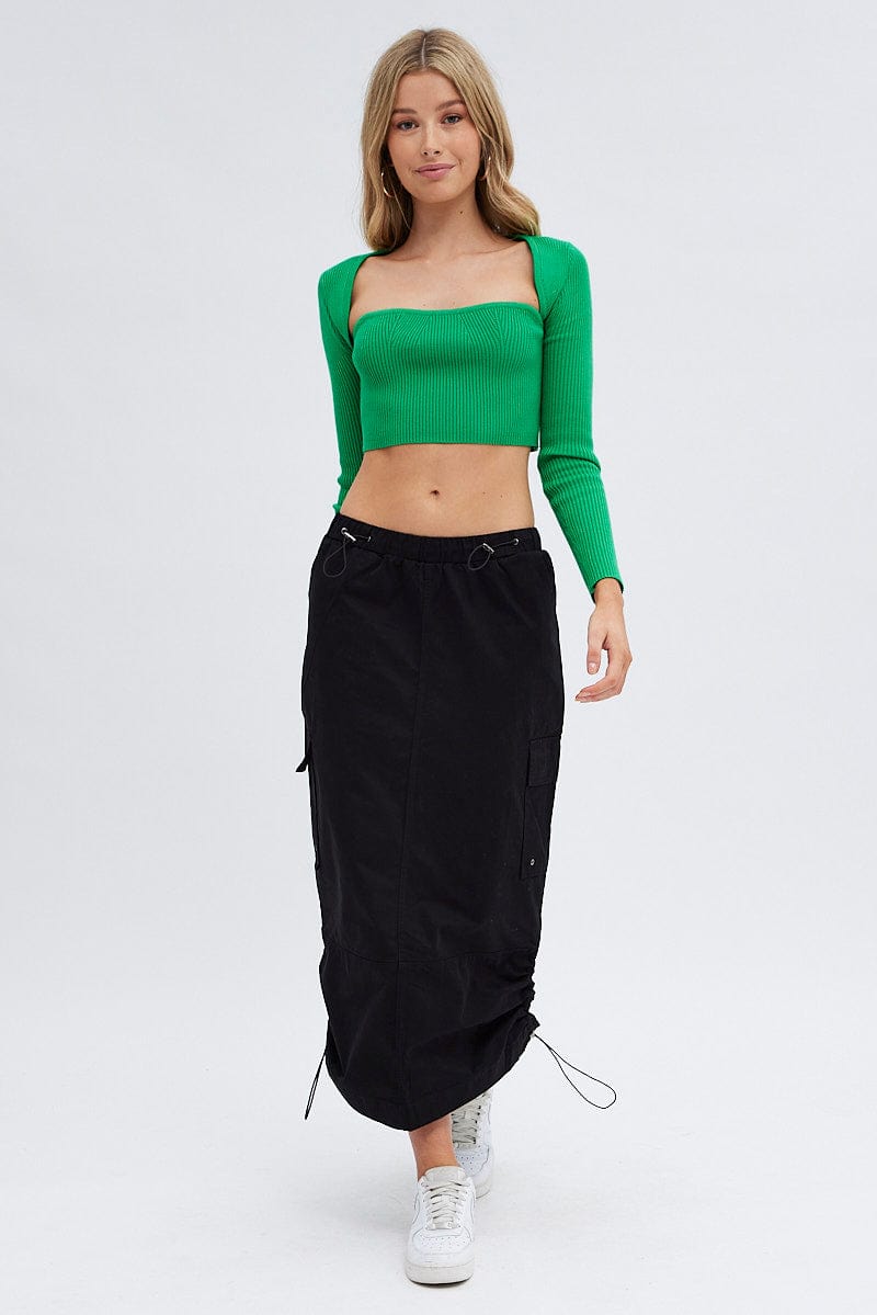 Black Parachute Cargo Skirt Low Rise Midi