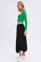 Black Parachute Cargo Skirt Low Rise Midi