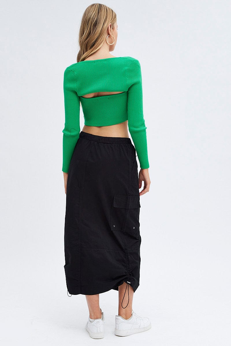 Black Parachute Cargo Skirt Low Rise Midi