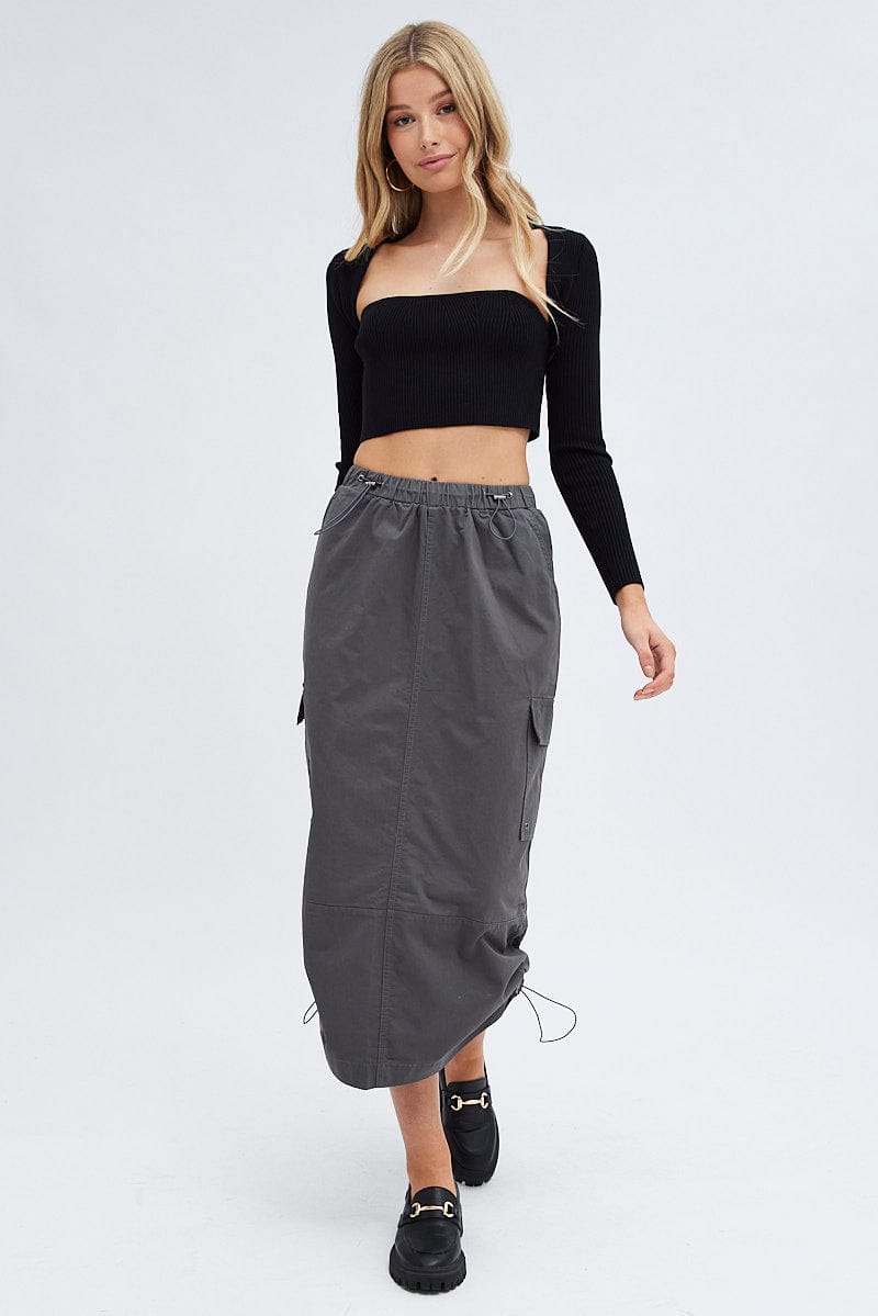 Grey Parachute Cargo Skirt Low Rise Midi