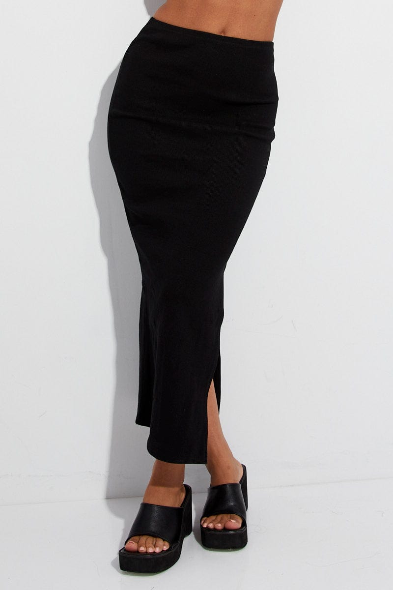 Black Maxi Skirt Mid Rise Rib Jersey