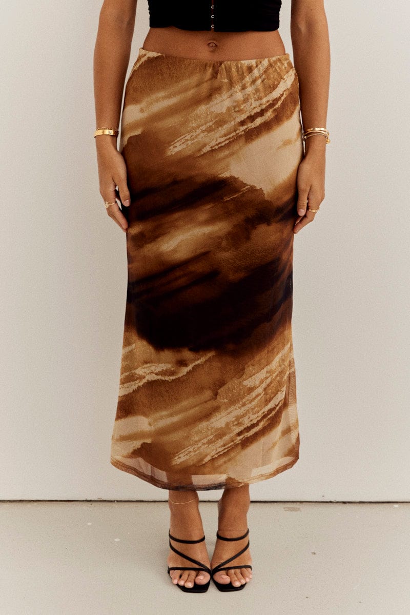 Brown Abstract Maxi Skirt High Rise Mesh