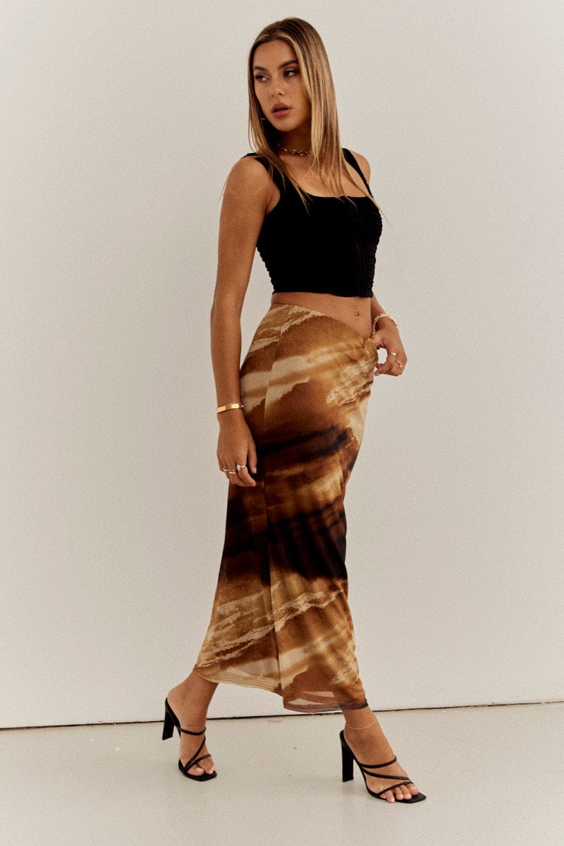 Brown Abstract Maxi Skirt High Rise Mesh