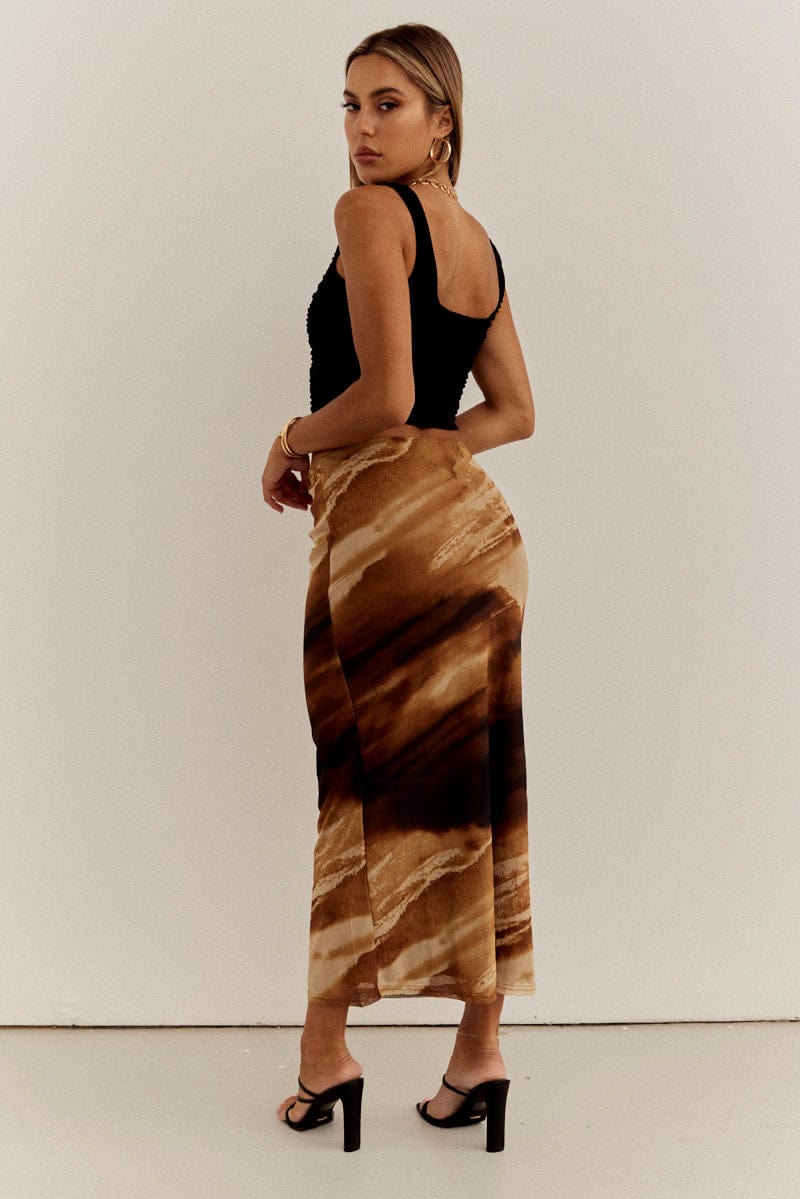 Brown Abstract Maxi Skirt High Rise Mesh