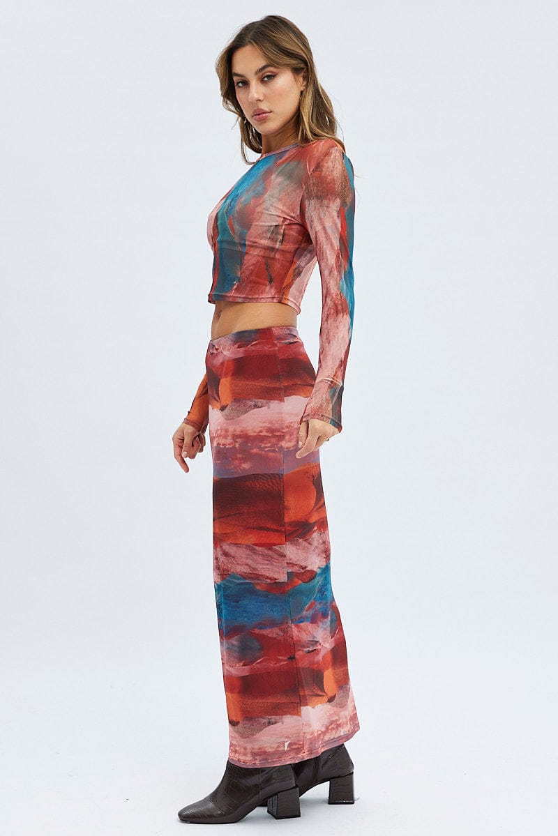 Brown Abstract Maxi Skirt High Rise Mesh