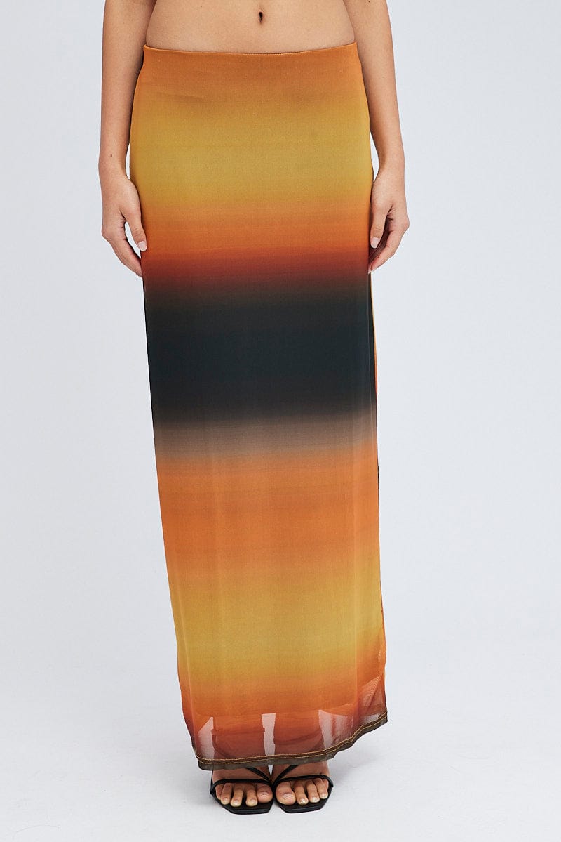 Brown Abstract Maxi Skirt Pencil High Rise Mesh