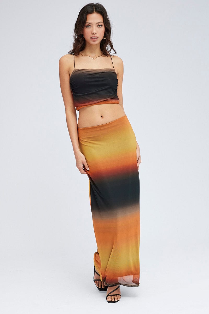 Brown Abstract Maxi Skirt Pencil High Rise Mesh