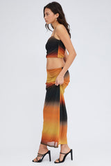 Brown Abstract Maxi Skirt Pencil High Rise Mesh