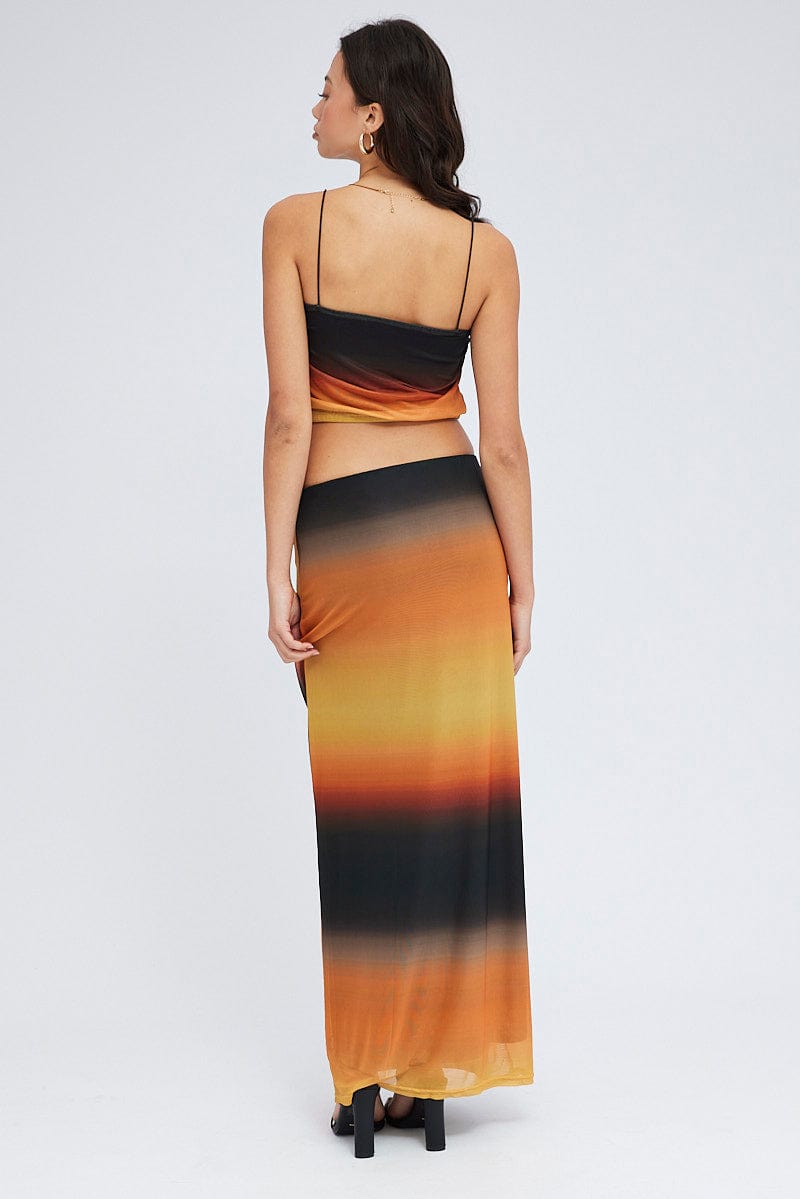 Brown Abstract Maxi Skirt Pencil High Rise Mesh