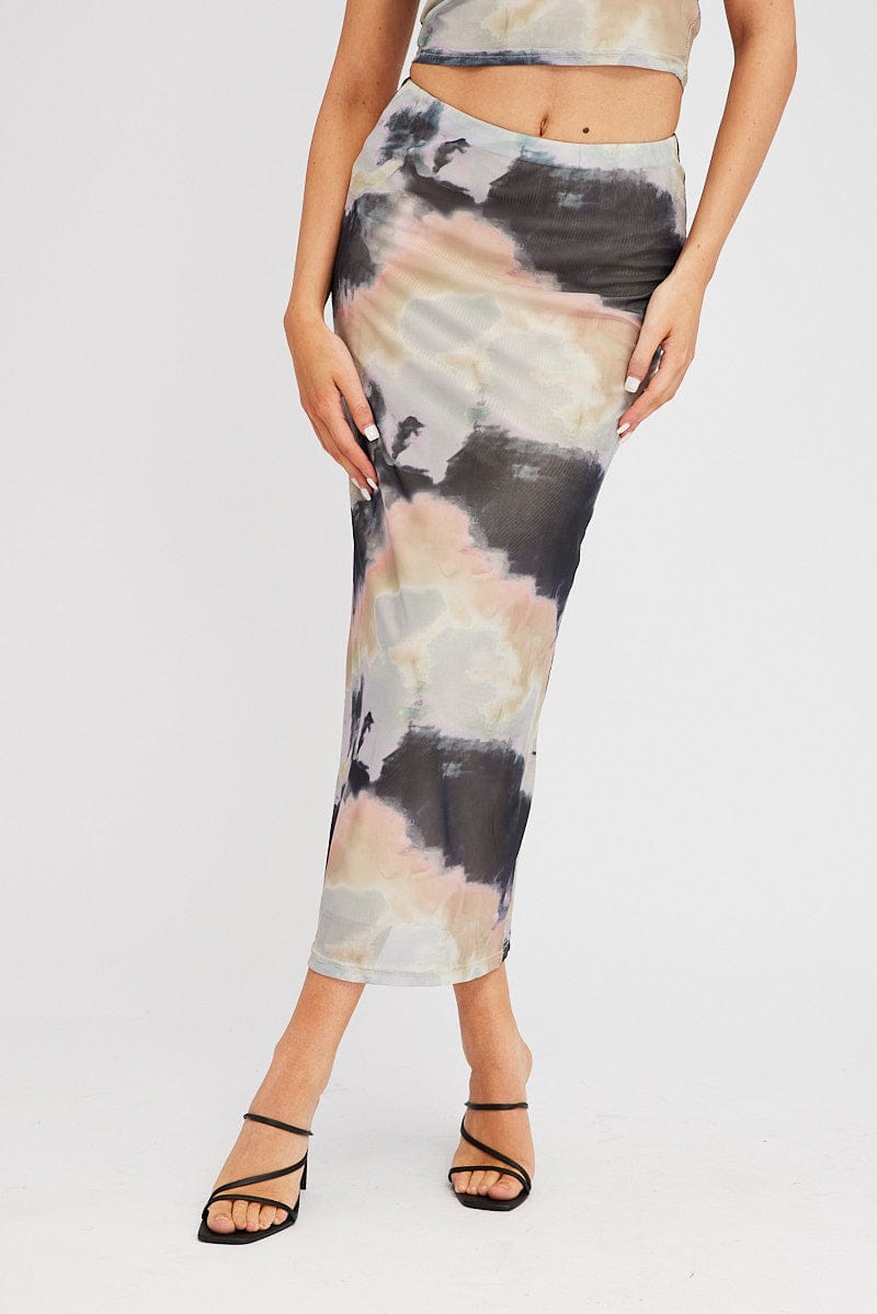 Brown Abstract Maxi Skirt High Rise Mesh