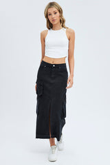 Black Denim Maxi Skirt Cargo