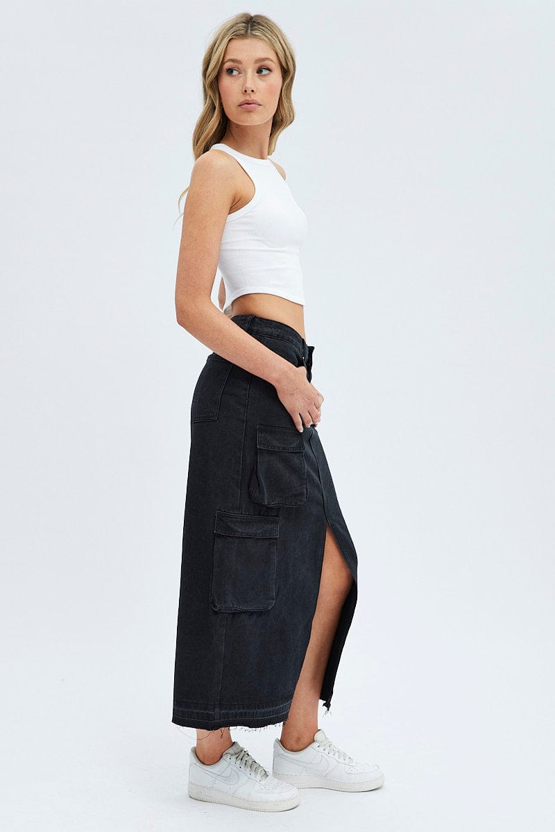 Black Denim Maxi Skirt Cargo