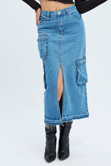 Blue Denim Maxi Skirt Cargo