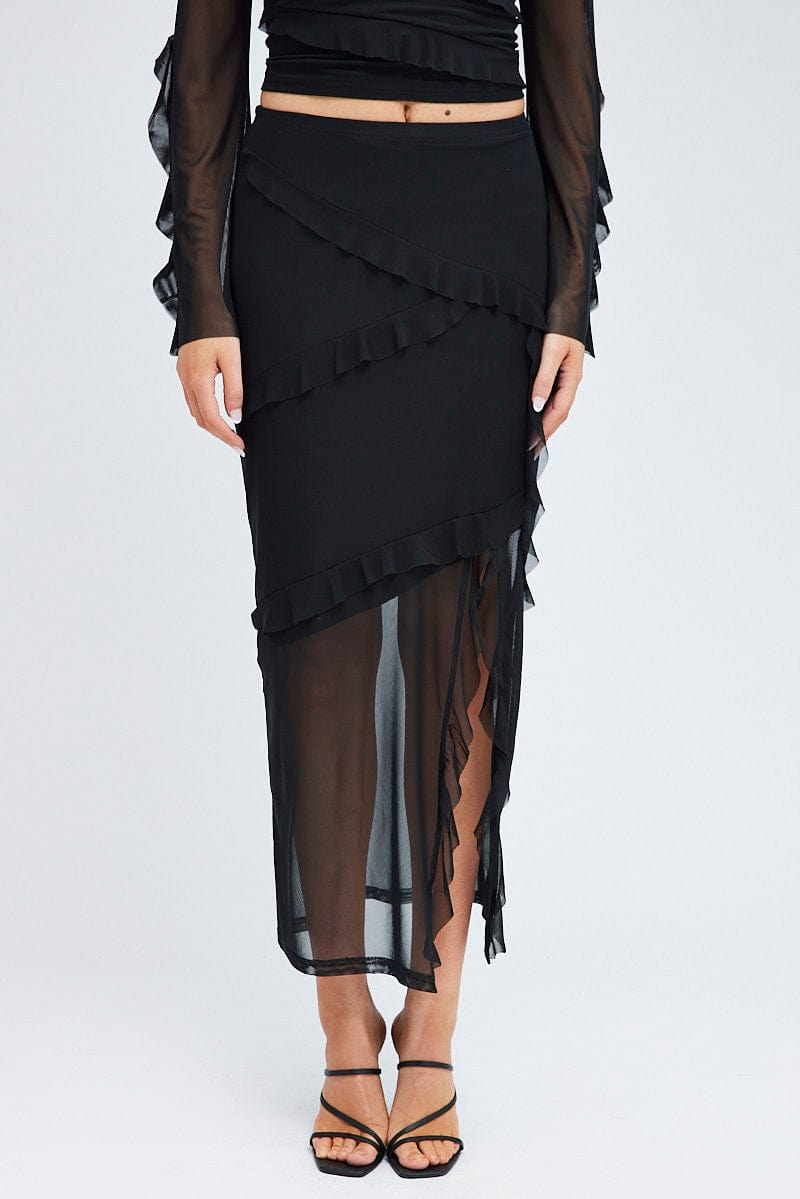 Black Maxi Skirt Ruffle Detail Mesh