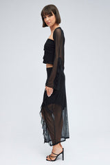 Black Maxi Skirt Ruffle Detail Mesh