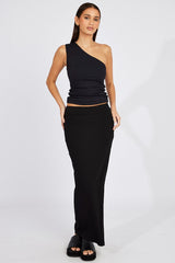 Black Midi Skirt High Rise Rib Jersey