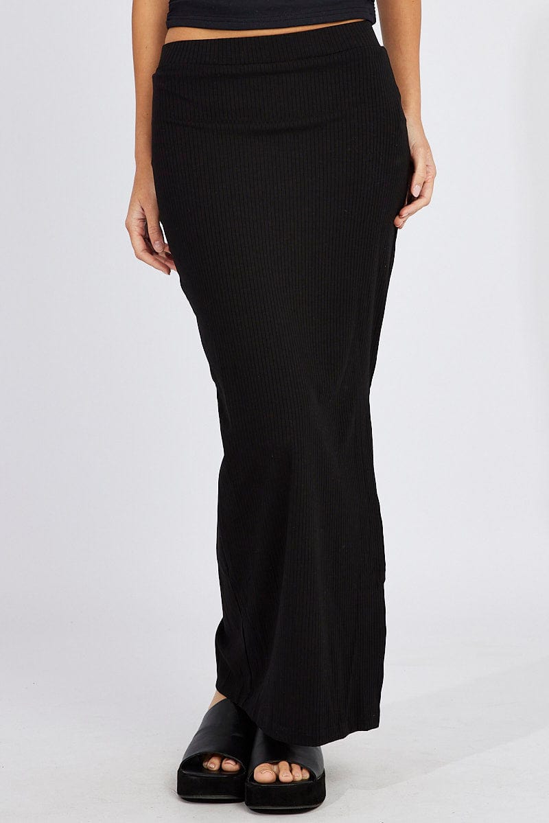 Black Midi Skirt High Rise Rib Jersey