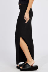 Black Midi Skirt High Rise Rib Jersey