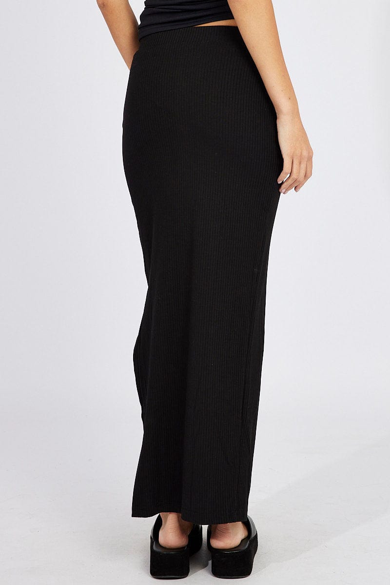 Black Midi Skirt High Rise Rib Jersey