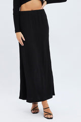 Black Maxi Skirt Mid Rise A-line Rib Jersey