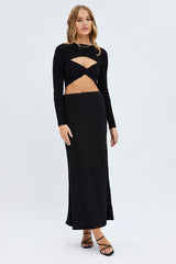 Black Maxi Skirt Mid Rise A-line Rib Jersey