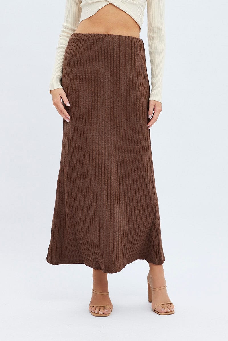 Brown Maxi Skirt Mid Rise A-line Rib Jersey