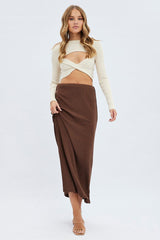 Brown Maxi Skirt Mid Rise A-line Rib Jersey