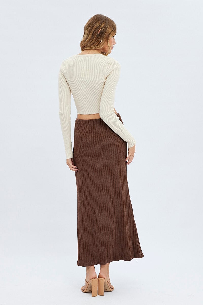 Brown Maxi Skirt Mid Rise A-line Rib Jersey