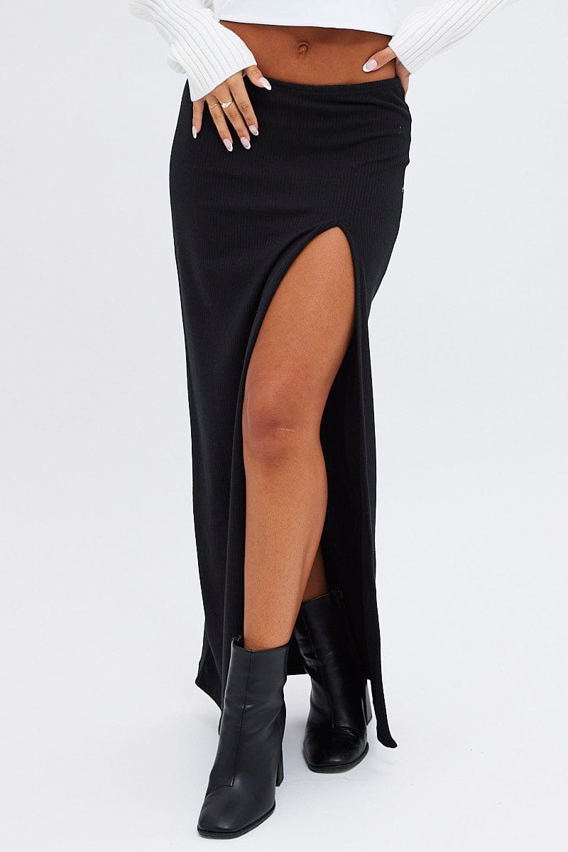 Black Maxi Skirt Mid Rise Split Rib Jersey