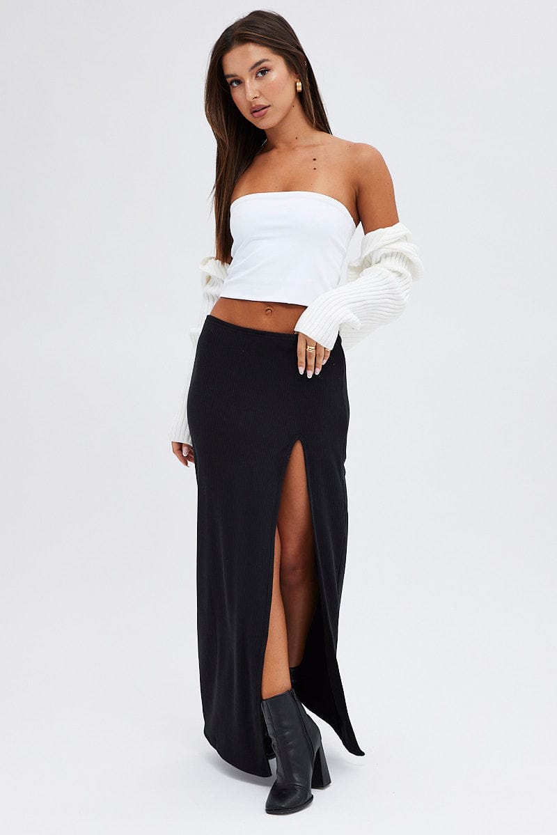 Black Maxi Skirt Mid Rise Split Rib Jersey