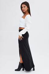 Black Maxi Skirt Mid Rise Split Rib Jersey