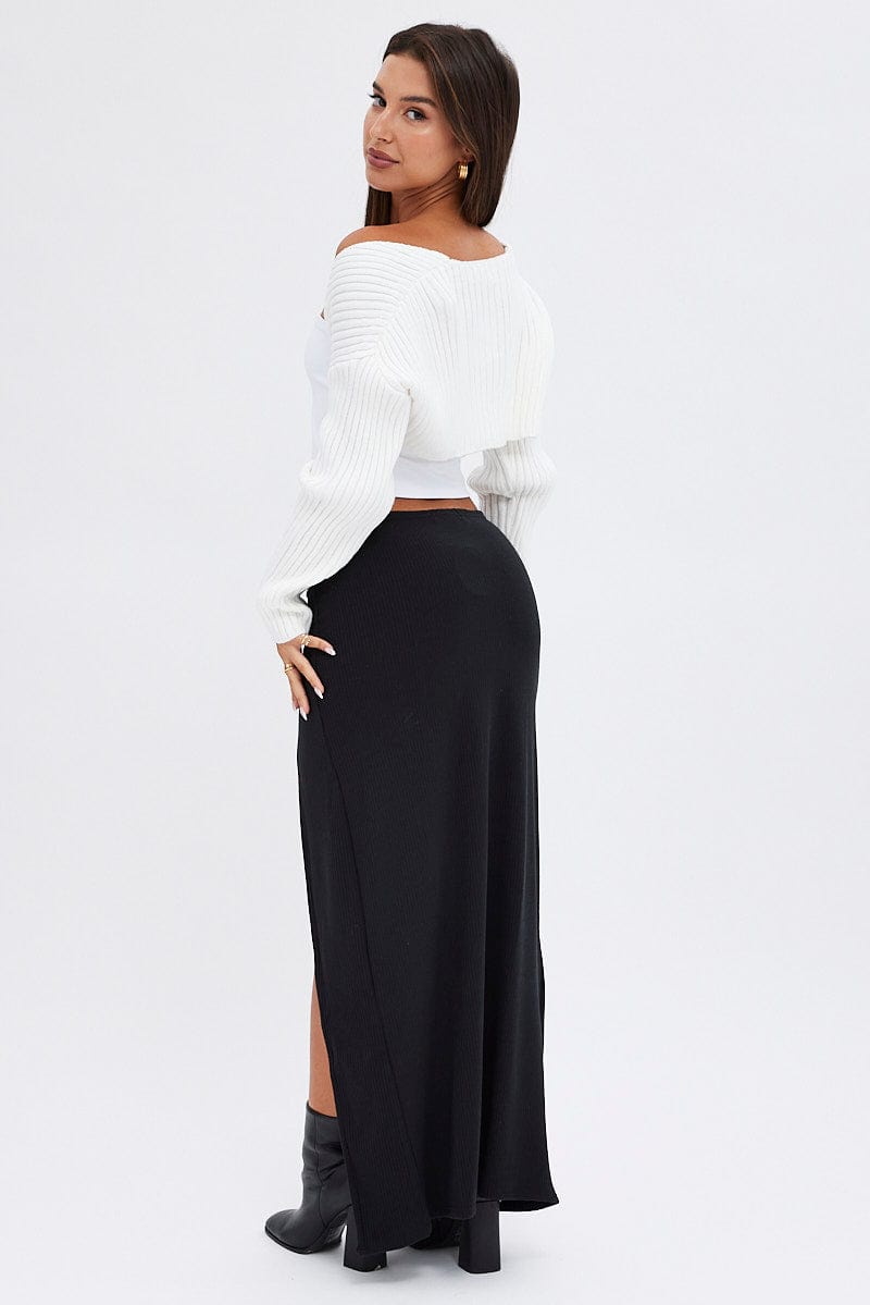 Black Maxi Skirt Mid Rise Split Rib Jersey