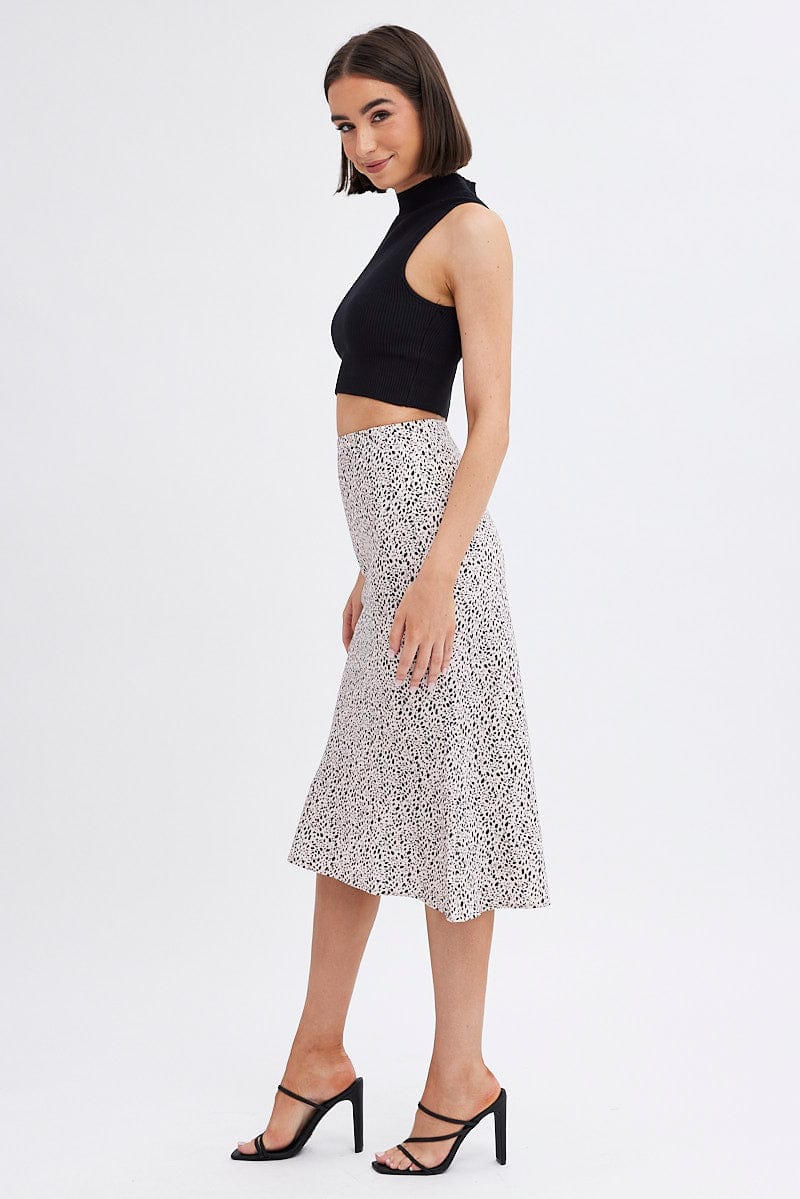 Beige Animal Print Slip Skirt Midi