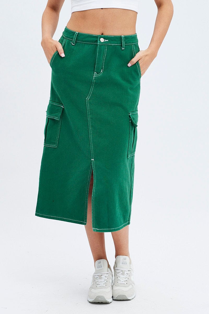 Green Midi Skirt Mid Rise A-line Cargo Contrast Stitch