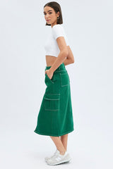 Green Midi Skirt Mid Rise A-line Cargo Contrast Stitch