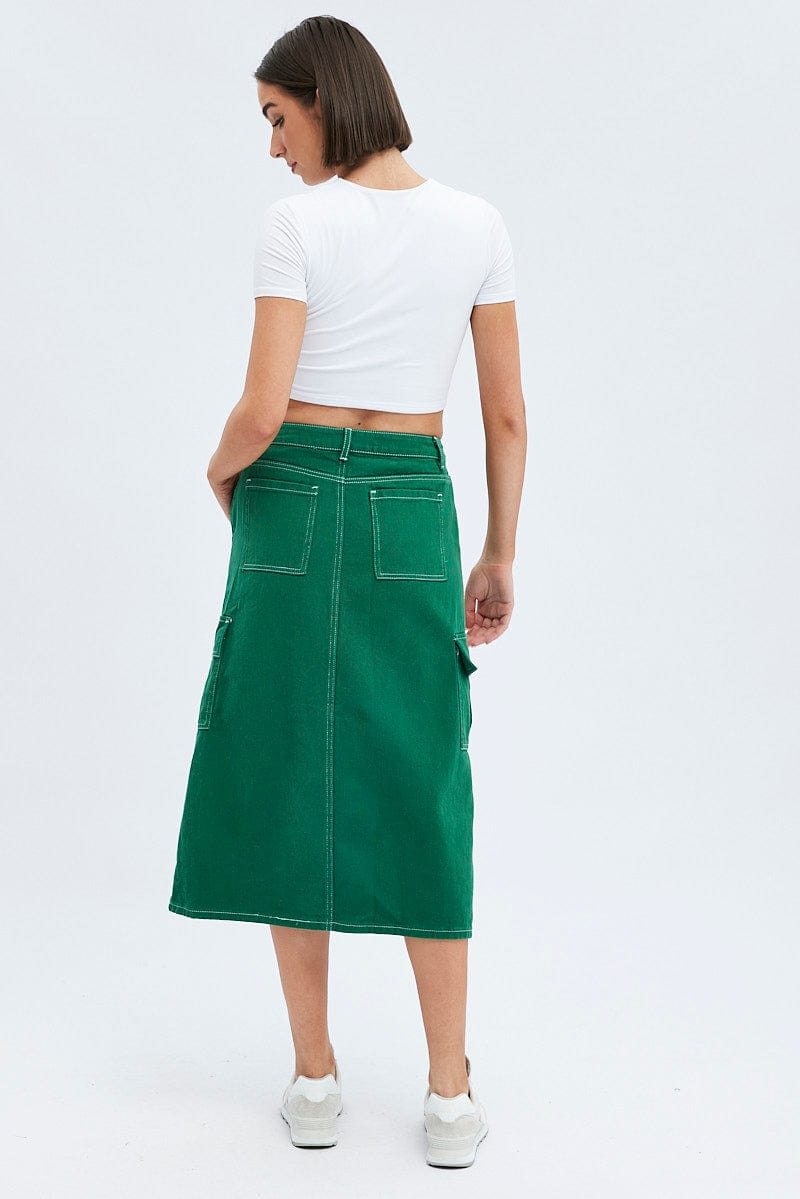 Green Midi Skirt Mid Rise A-line Cargo Contrast Stitch