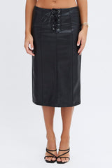 Black Midi Skirt Low Rise Lace Up Front Faux Leather PU